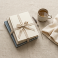 The Complete Calm Collection — a stack of soft cream and dusty-blue calm guides tied with linen ribbon, with herbal tea and lavender