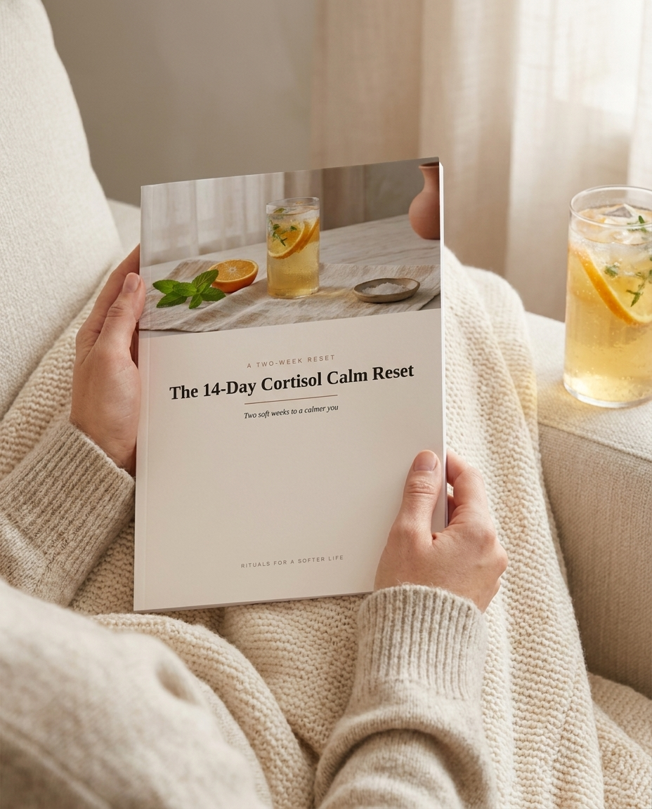 The 14-Day Cortisol Calm Reset held in hand — lifestyle
