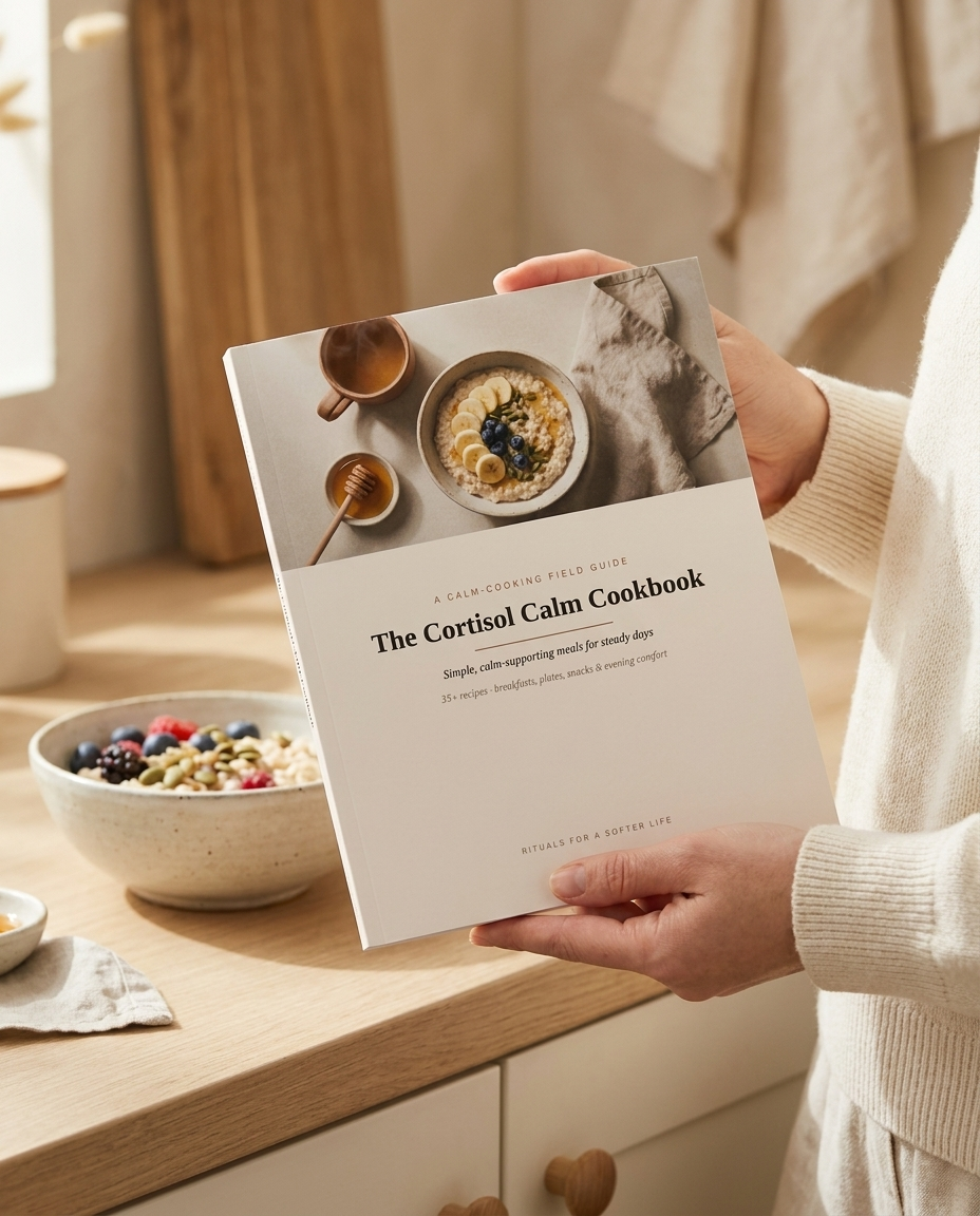 The Cortisol Calm Cookbook held in hand — lifestyle
