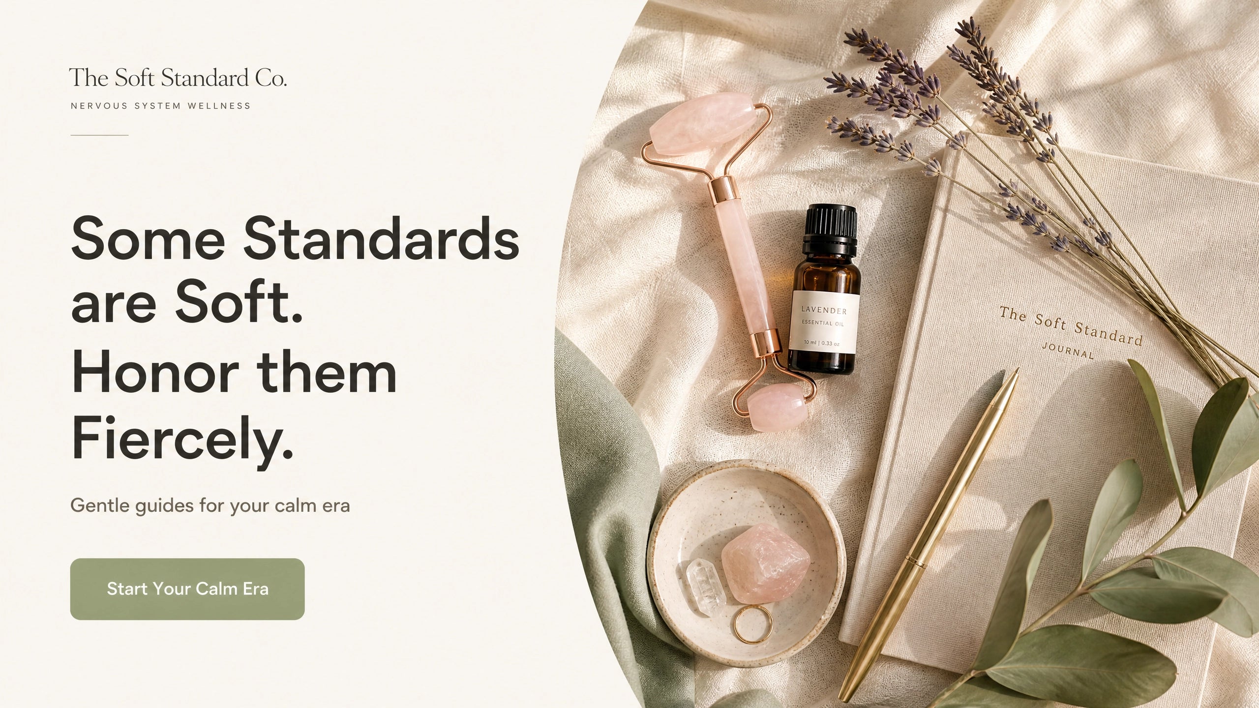The Soft Standard Co. hero banner — lifestyle wellness flat lay on cream linen
