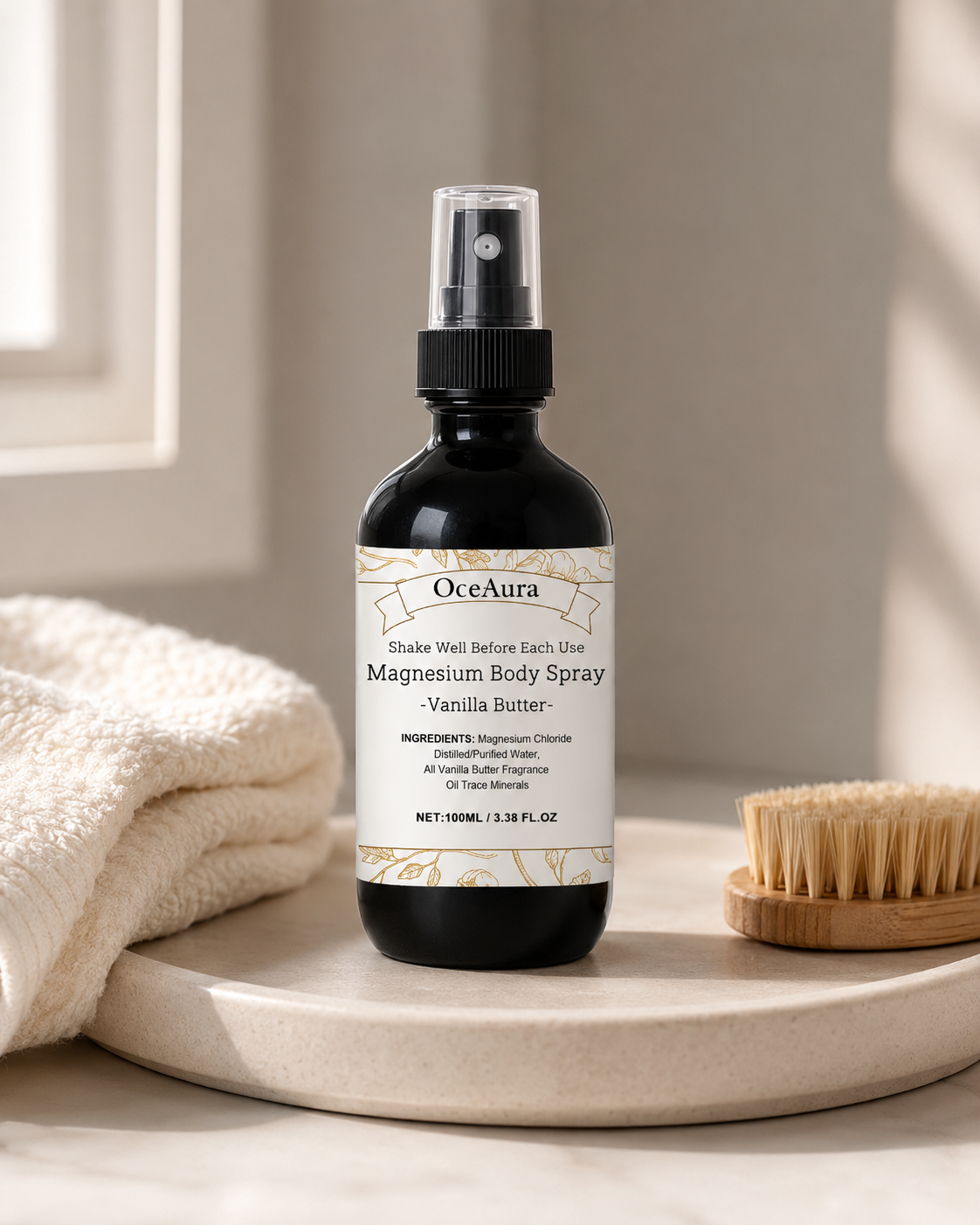 Magnesium body spray on a warm neutral body care tray